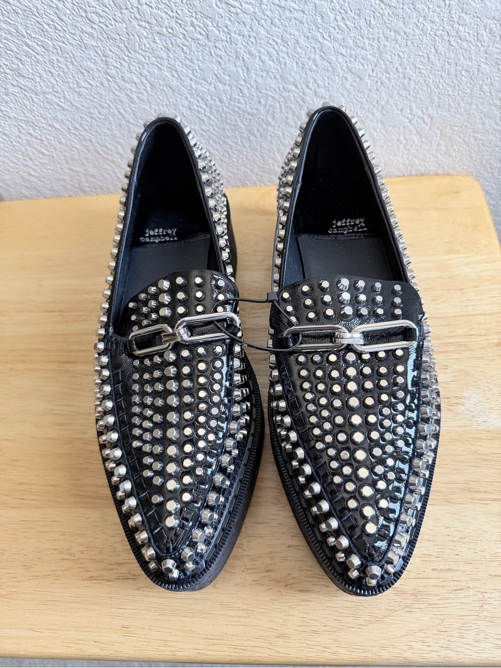 Jeffrey Campbell Black Studded Slip-On Loafers with Silver Hardware
